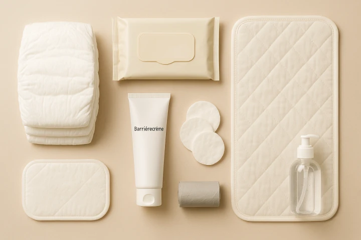 verschoon benodigdheden Foto met luierverschoonbenodigdheden zoals een schone luier, creme, billendoekjes, verschoningsmaktje