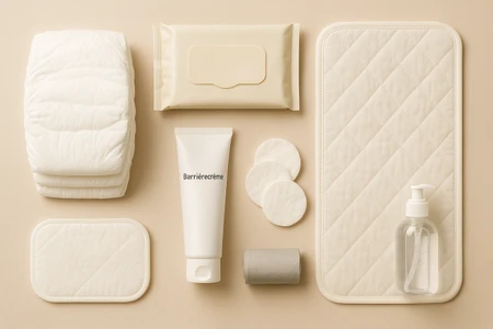 Foto met luierverschoonbenodigdheden zoals een schone luier, creme, billendoekjes, verschoningsmaktje