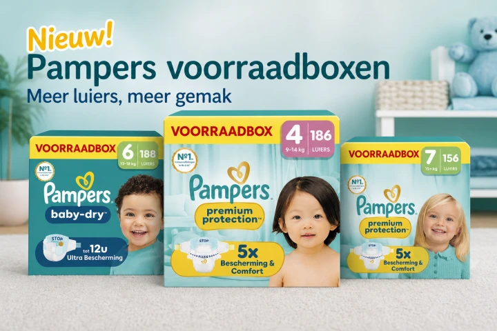 Nieuwe Pampers Voorraadboxen - Meer Luiers, Meer Gemak Pampers voorraadboxen in verschillende maten voor baby’s op een vloer voor een woonkamer setting.