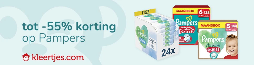 Advertentie van Pampers maandboxen met 55 procent korting bij kleertjes.com