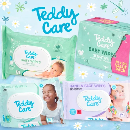 Verpakking van Teddy Care babydoekjes met kinderen op de achtergrond.