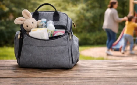 Grijze luiertas gevuld met babybenodigdheden op een houten tafel in het park.