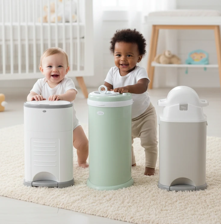 Twee baby's naast drie verschillende luieremmers in een kinderkamer.