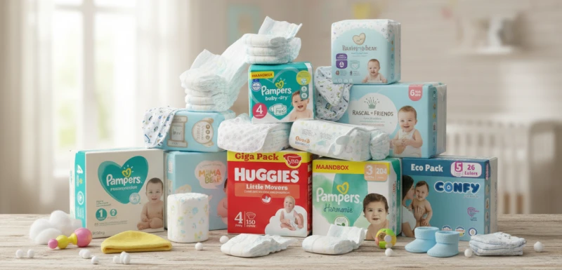 Verschillende pakjes luiers van diverse merken gestapeld op een tafel.