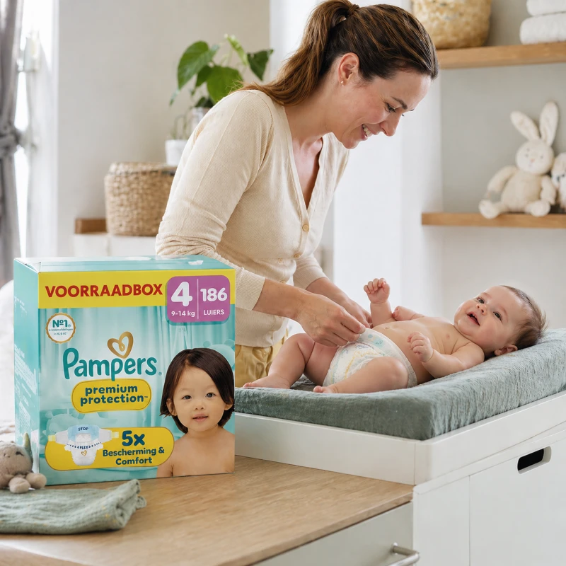 Vrouw verschoont lachende baby op verschoningsmeubel naast Pampers Voorraadbox.