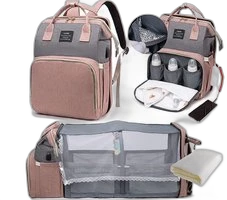 Luierrugzak met babybed, grote luiertas, rugzak met aankleedkussen, isolatietas, muggennet en USB-oplaadpoort, roze/grijs Luierrugzak met babybed, grote luiertas, rugzak met aankleedkussen, isolatietas, muggennet en USB-oplaadpoort, roze/grijs