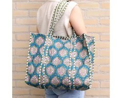 Petrol grote schoudertas met print - barok - blauw/groene schoudertas van stof - strandtas - luiertas - stoffen shopper petrol met dessin - STUDIO Ivana