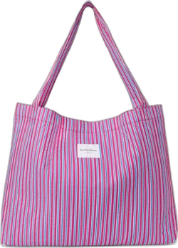Studio Noos gestreepte lila en roze luiertas met label op de voorkant.