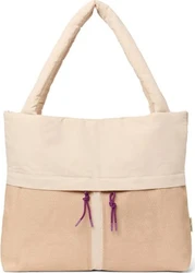 Beige Studio Noos luiertas met brede schouderbanden, patchwork vakken en paarse trekkoorden