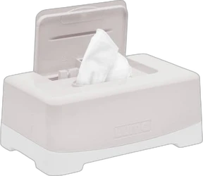 Lichtbeige Luma Easy wipe box met geopend deksel en wit doekje op zwarte achtergrond.