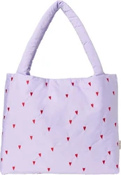 Lichtpaarse gewatteerde mom bag met lange draagband en kleine rode hartjes op de voorzijde