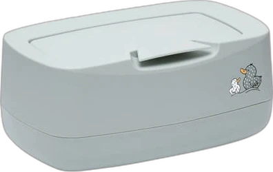 Zachtgroene Bébé-Jou Easy wipe box met afgeronde hoeken en kleine dierillustratie op de zijkant
