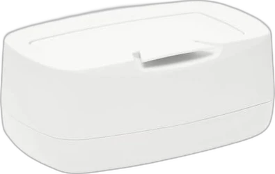 Witte Bébé-Jou Easy wipe box met afgeronde hoeken en klepje op zwarte achtergrond