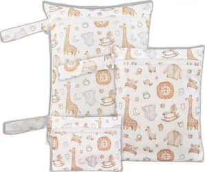 Set van drie witte wetbags met beige safaridieren, ritsen en draaglus op zwarte achtergrond