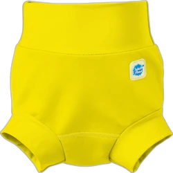 Gele zwemluier met hoge taille en Splash About logo op zwarte achtergrond
