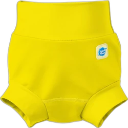 Gele zwemluier met hoge taille en Splash About logo op zwarte achtergrond