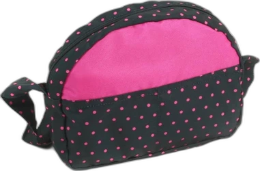 Donkere poppenluiertas met roze stippen, roze voorvak, ritssluiting en zijhandvat.