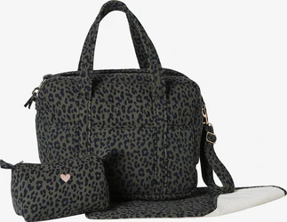 Kaki luiertas met zwarte luipaardprint, handvatten, schouderband, etui en uitgevouwen verschoonmat.