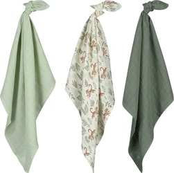 Set van 3 hydrofiele luiers met tijgerprint Drie hydrofiele doeken in groen en ivory white, waarvan één met tijger- en bladprint