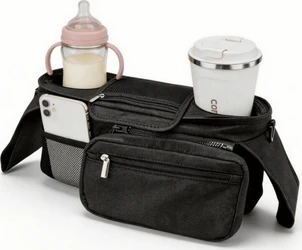 Zwarte kinderwagen organizer met twee bekerhouders, ritsvakken, telefoon, babyfles en koffiebeker