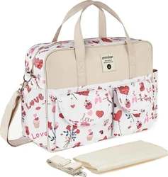 Beige witte luiertas met rode en roze love print, voorvakken, draagriemen, schouderriem en aankleedkussen