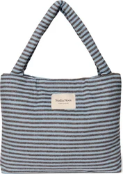 Gestreepte Studio Noos mom bag met zachte wollook in blauw en bruin en twee brede schouderhengsels
