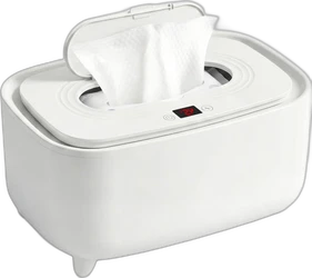 Witte babydoekjeswarmer met doekje en digitaal display Witte babydoekjeswarmer met open klep, uitstekend doekje, bedieningsknoppen en rood digitaal display.