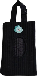 Zwarte gewatteerde babydoekjes-pouch met handvat Zwarte gewatteerde babydoekjes-pouch met handvat, ovale opening en turquoise applicatie.