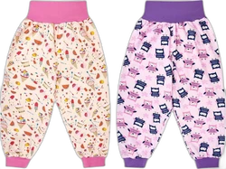 Twee lange luierbroeken met hoge taille, roze en paarse boorden en prints met ijsjes en uilen.
