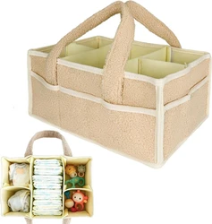 Beige pluche luierorganizer met meerdere vakken, stevige handvatten en inzetfoto met luiers, kleding en speelgoed