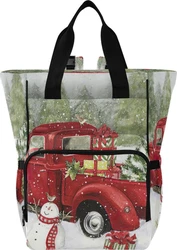 Luiertas rugzak met zwarte hengsels en kerstprint van rode truck, sneeuwpop en cadeaus