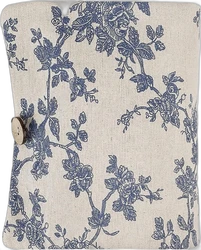 Beige stoffen luiertas-organizer met blauwe bloemenprint en houten knoop aan de zijkant