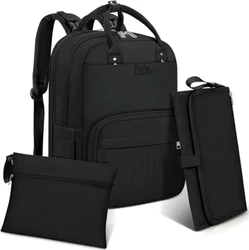 Zwarte luierrugzak met voorvakken, handgrepen, schouderbanden, etui en opgevouwen aankleedkussen.