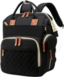 Zwarte luiertas rugzak met beige ritsen, bruine details, handgrepen en gewatteerd voorvak