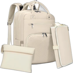 Beige luierrugzak met gewatteerd voorvak, ritsen, schouderbanden, aankleedkussen en losse pouch.