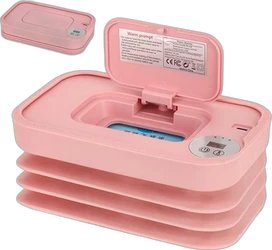 Roze babydoekjeswarmer met open klep, doekjesvak en digitaal bedieningspaneel op zwarte achtergrond