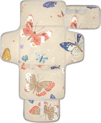 Beige draagbare verschoningsmat met kleurrijke vlinders, grijze rand en klittenbandsluitingen