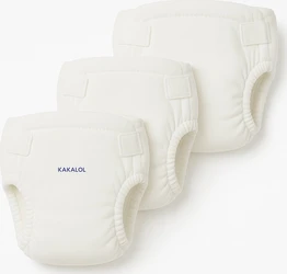 Drie witte KAKALOL wasbare stoffen luiers met klittenbandsluiting en elastische beenranden