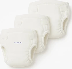 Drie witte KAKALOL wasbare stoffen luiers met klittenbandsluiting en elastische beenranden