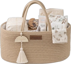 Naturel Yunioo luiercaddy van gevlochten touw met luiers, doekjes, crèmes, bijtring en hydrofiele doek