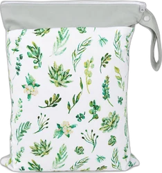 Grote wetbag met witte basis, groene botanische print, grijze rits en polsband met drukknoop
