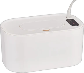 Witte babydoekjeswarmer met afgeronde hoeken, deksel, bedieningspaneel en snoer op zwarte achtergrond