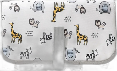 Wit draagbaar aankleedmatje met giraffen, leeuwen, olifanten, zebra's en grijze sluitband