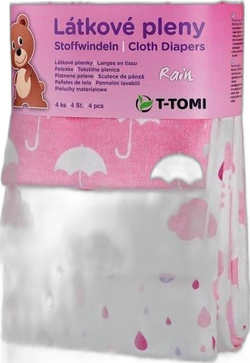 Set van 4 T-TOMI stoffen luiers met roze regenmotief, zichtbaar in transparante verpakking.