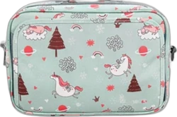 Mintgroene kinderwagenorganizer met eenhoorns, regenbogen, bomen, hartjes en planeten.