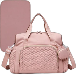Roze luiertas met gevlochten voorvak, schouderbanden, ronde speenhouder en bijpassende mat.