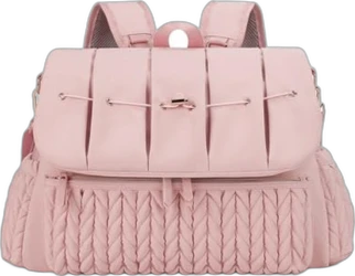Roze luiertas rugzak met geplooide klep Roze luiertas als rugzak met brede schouderbanden, geplooide klep en gewatteerd voorvak.