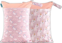 Wetbag met dubbele rits 30x40 cm - Roze eenhoornprint