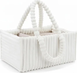 Witte corduroy luierorganizer met geribde stof, vakverdeling en zachte hengsels