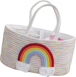 Multicolor katoenen luiermand met regenboog en hengsels Witte katoenen touw luiermand met multicolor zigzagstiksels, regenboogapplicatie, vakken en hengsels